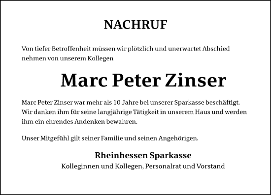 Traueranzeige von Marc Peter Zinser von Wormser Zeitung