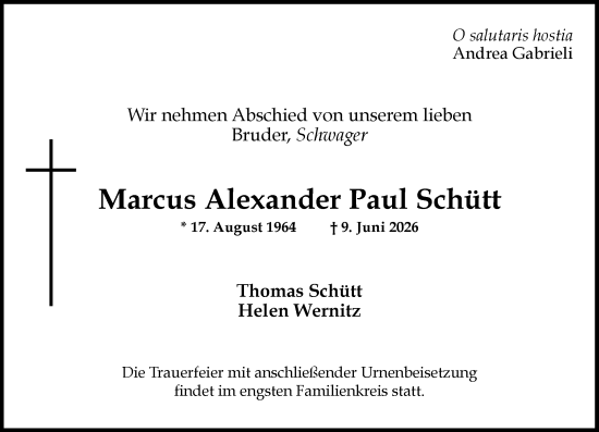 Traueranzeige von Marcus Alexander Paul Schütt von Wiesbadener Kurier