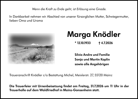 Traueranzeige von Marga Knödler von Allgemeine Zeitung Mainz
