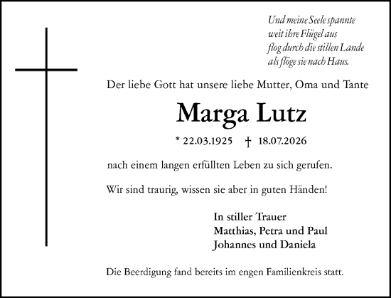 Traueranzeige von Marga Lutz von Wiesbadener Kurier