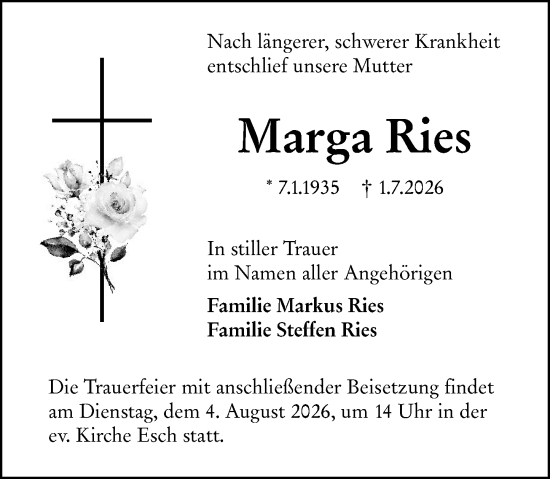 Traueranzeige von Marga Ries von Camberger Anzeiger