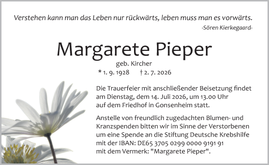 Traueranzeige von Margarete Pieper von Allgemeine Zeitung Mainz