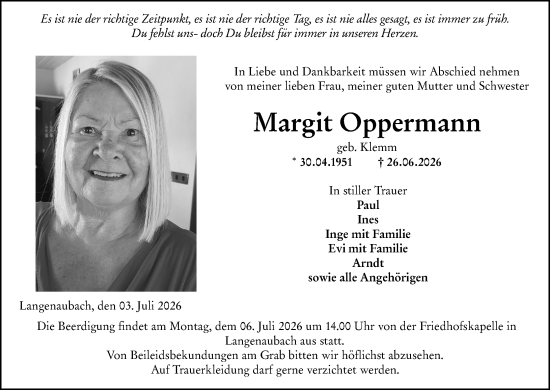 Traueranzeige von Margit Oppermann von Dill Block
