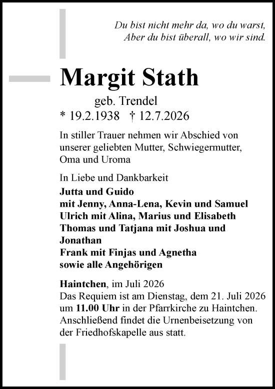 Traueranzeige von Margit Stath von Camberger Anzeiger