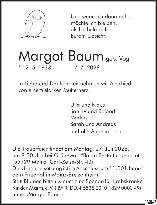 Traueranzeige von Margot Baum von Allgemeine Zeitung Mainz