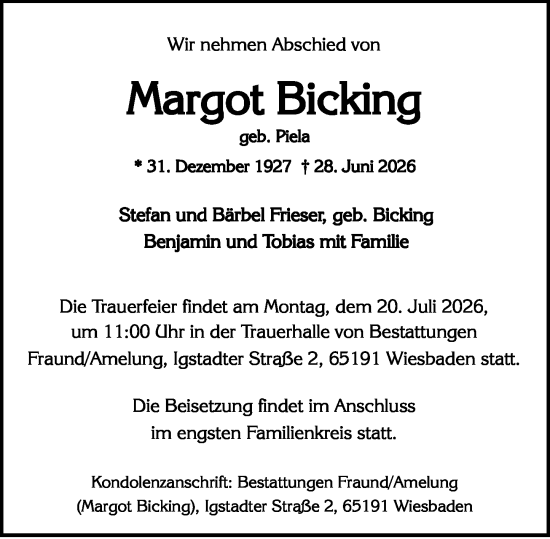 Traueranzeige von Margot Bicking von Wiesbadener Kurier