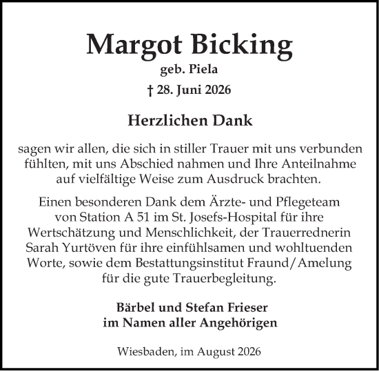 Traueranzeige von Margot Bicking von Wiesbadener Kurier
