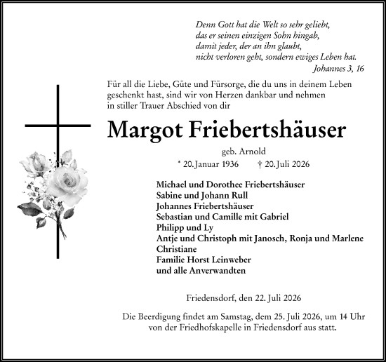 Traueranzeige von Margot Friebertshäuser von Hinterländer Anzeiger