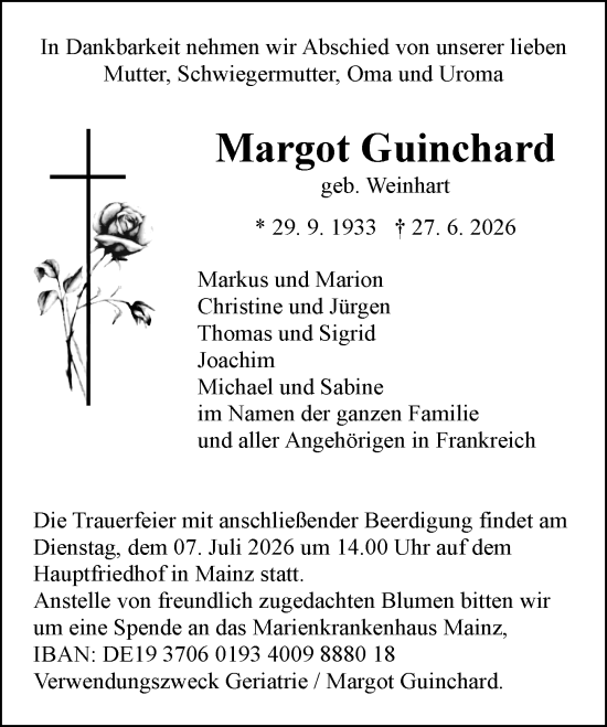 Traueranzeige von Margot Guinchard von Allgemeine Zeitung Mainz