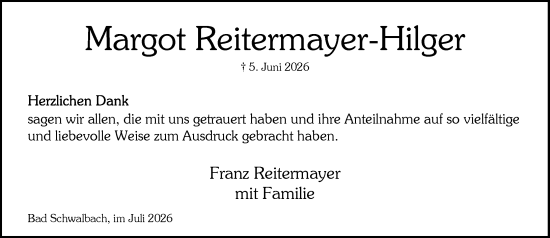 Traueranzeige von Margot Reitermayer-Hilger von Rheingau-Taunus-Kreis Wochenblatt