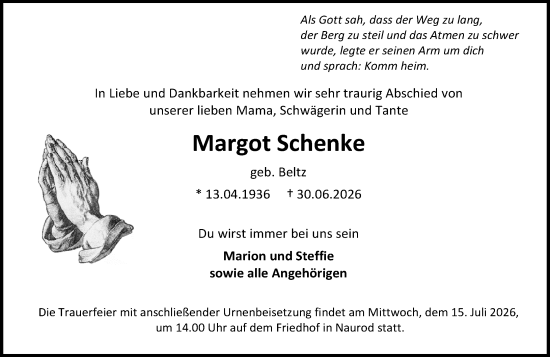Traueranzeige von Margot Schenke von Wiesbadener Kurier
