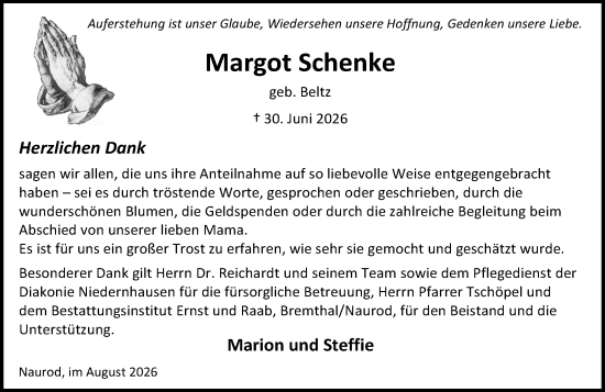 Traueranzeige von Margot Schenke von Wiesbadener Kurier