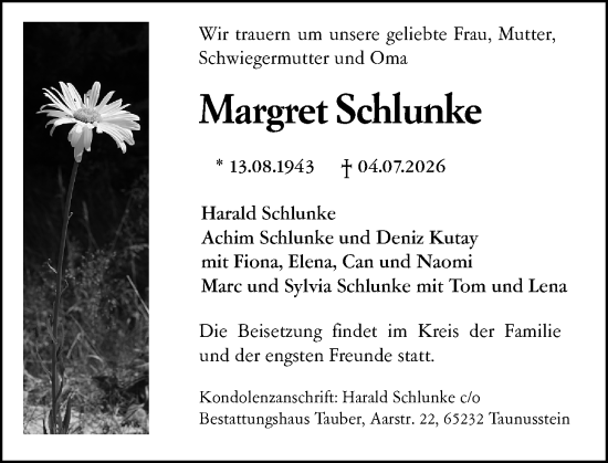 Traueranzeige von Margret Schlunke von Idsteiner Land/Untertaunus