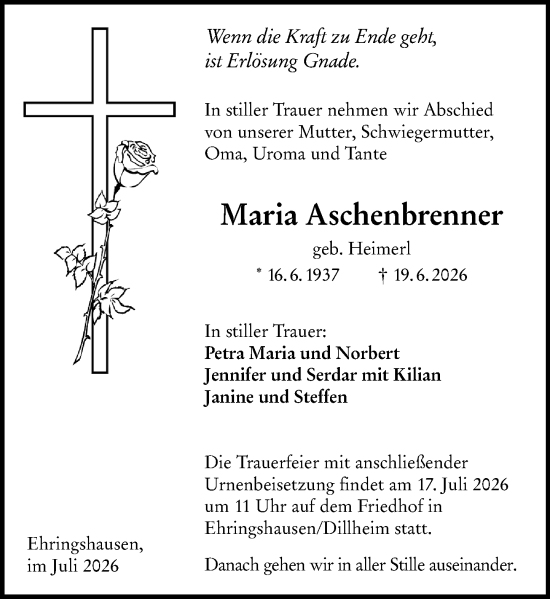 Traueranzeige von Maria Aschenbrenner von Wetzlarer Neue Zeitung