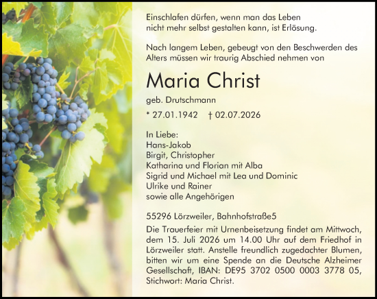 Traueranzeige von Maria Christ von Allgemeine Zeitung Mainz