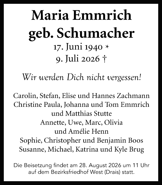 Traueranzeige von Maria Emmrich von Allgemeine Zeitung Mainz