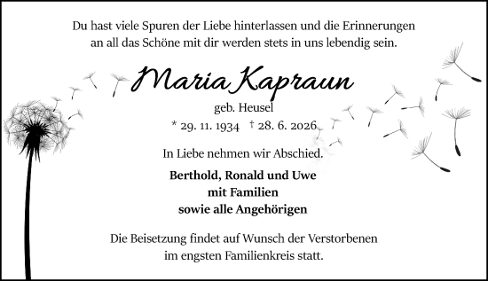 Traueranzeige von Maria Kapraun von Odenwälder Echo