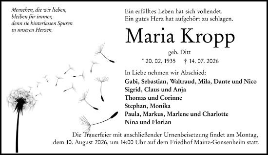 Traueranzeige von Maria Kropp von Allgemeine Zeitung Mainz