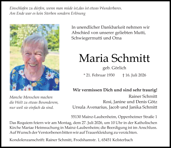 Traueranzeige von Maria Schmitt von Allgemeine Zeitung Mainz
