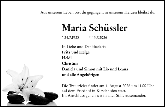 Traueranzeige von Maria Schüssler von Weilburger Tageblatt