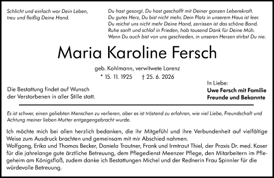 Traueranzeige von Maria Karoline Fersch von Allgemeine Zeitung Mainz