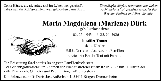 Traueranzeige von Maria Magdalena Dürk von Binger-/Ingelheimer Wochenblatt