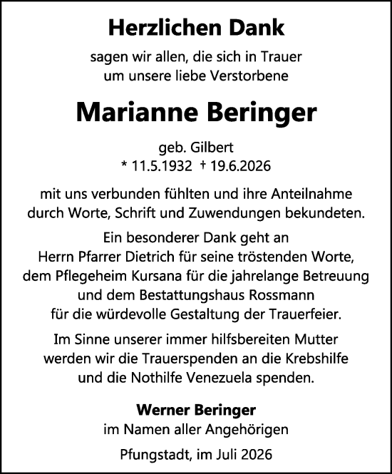 Traueranzeige von Marianne Beringer von Darmstädter Echo