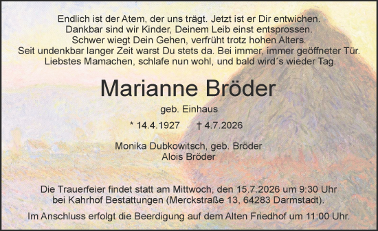 Traueranzeige von Marianne Bröder von Darmstädter Echo