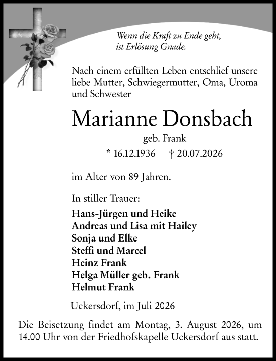 Traueranzeige von Marianne Donsbach von Dill Block