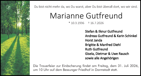 Traueranzeige von Marianne Gutfreund von Darmstädter Echo
