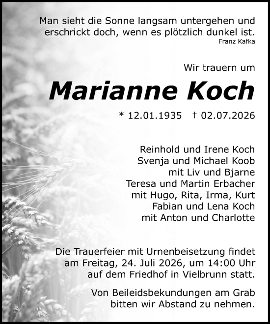 Traueranzeige von Marianne Koch von Odenwälder Echo