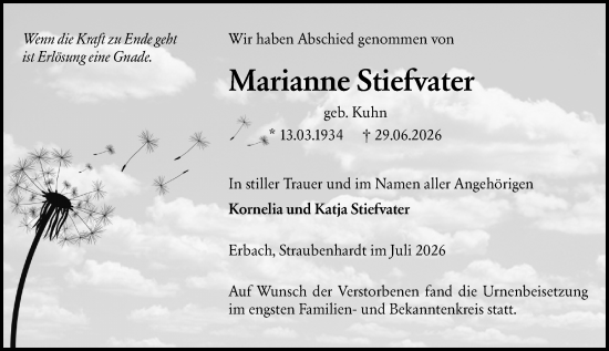 Traueranzeige von Marianne Stiefvater von Odenwälder Echo