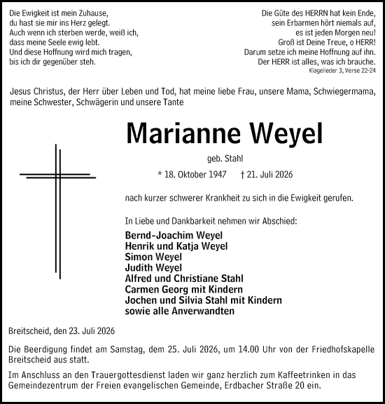 Traueranzeige von Marianne Weyel von Dill Block