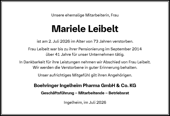 Traueranzeige von Mariele Leibelt von Allgemeine Zeitung Rheinhessen-Nahe