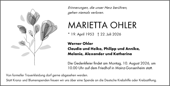 Traueranzeige von Marietta Ohler von Allgemeine Zeitung Mainz