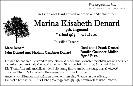 Traueranzeige von Marina Elisabeth Denard von Wiesbadener Kurier