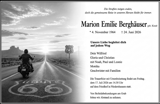 Traueranzeige von Marion Emilie Berghäuser von Weilburger Tageblatt