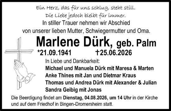 Traueranzeige von Marlene Dürk von Binger-/Ingelheimer Wochenblatt