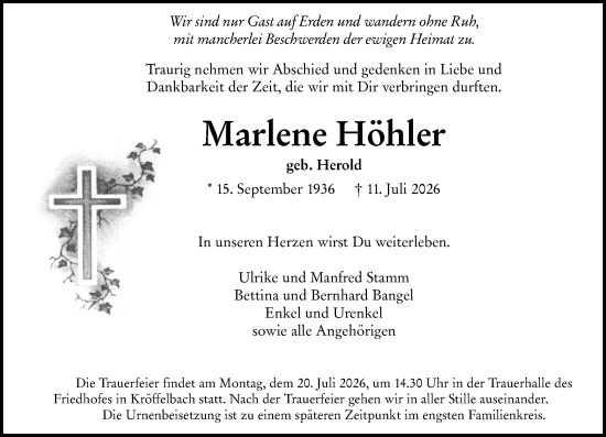Traueranzeige von Marlene Höhler von Wetzlarer Neue Zeitung