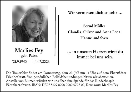 Traueranzeige von Marlies Fey von Darmstädter Echo