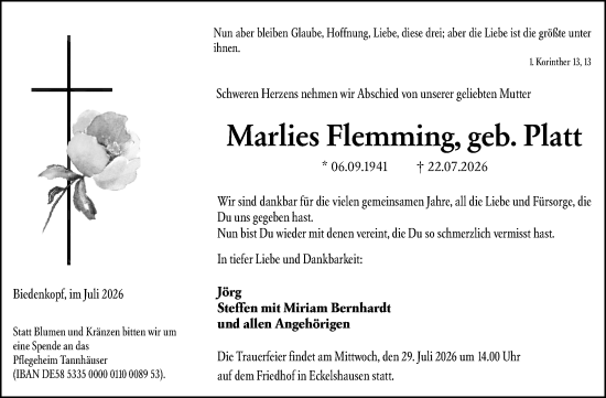 Traueranzeige von Marlies Flemming von Hinterländer Anzeiger