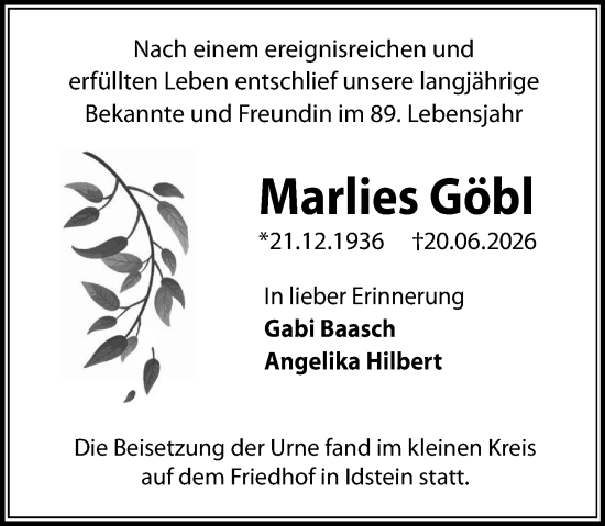 Traueranzeige von Marlies Göbl von Idsteiner Land/Untertaunus