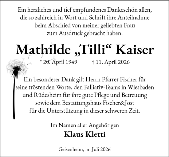 Traueranzeige von Mathilde Kaiser von Wiesbadener Kurier