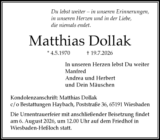Traueranzeige von Matthias Dollak von Wiesbadener Kurier