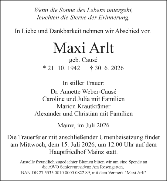 Traueranzeige von Maxi Arlt von Allgemeine Zeitung Mainz