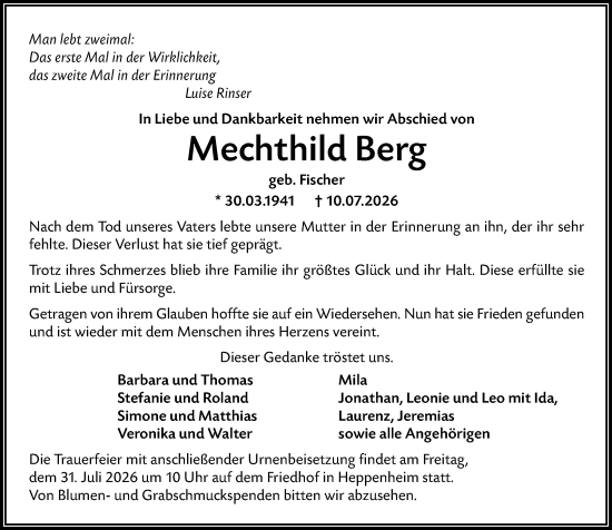 Traueranzeige von Mechthild Berg von Starkenburger Echo