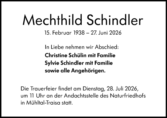 Traueranzeige von Mechthild Schindler von Darmstädter Echo