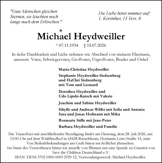 Traueranzeige von Michael Heydweiller von Rüsselsheimer Echo