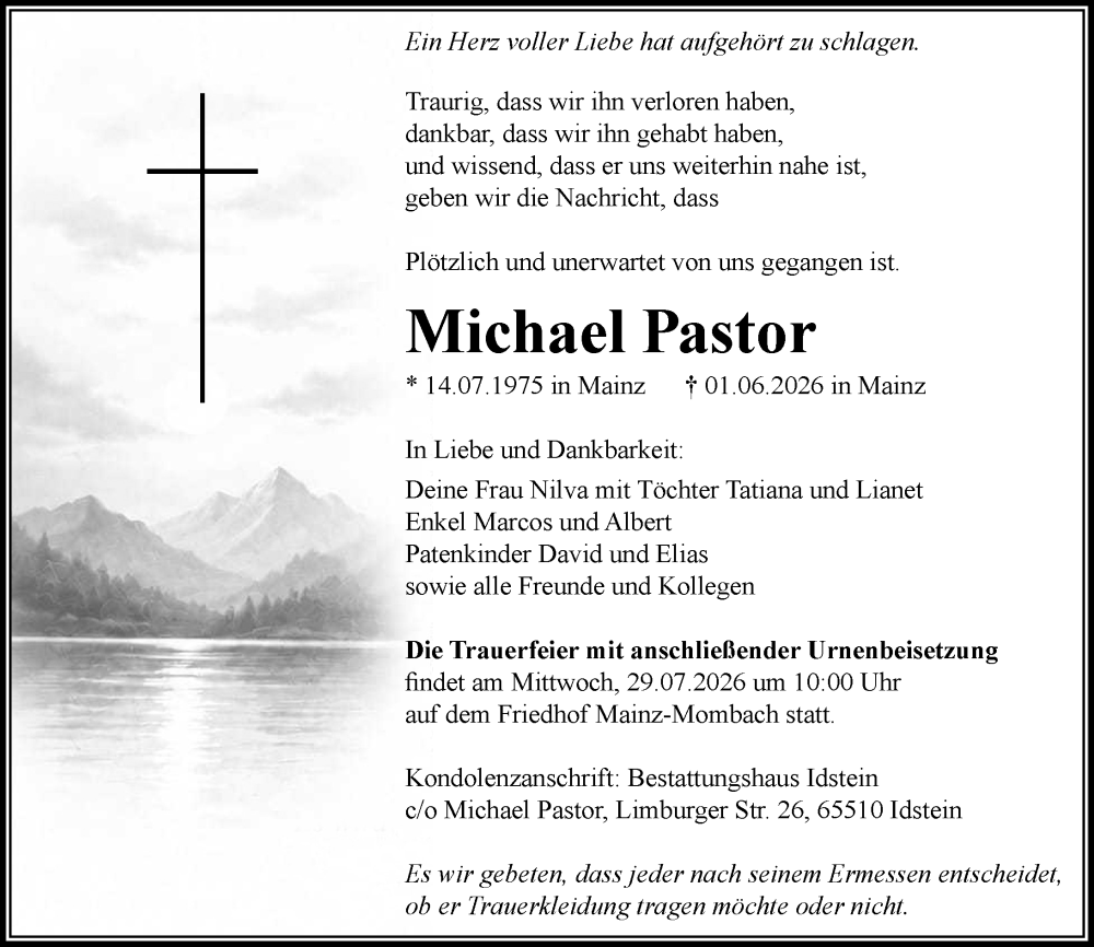  Traueranzeige für Michael Pastor vom 25.07.2026 aus Allgemeine Zeitung Mainz