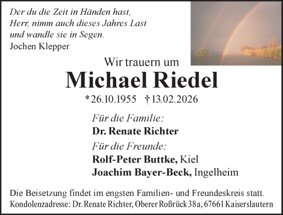 Traueranzeige von Michael Riedel von Allgemeine Zeitung Rheinhessen-Nahe